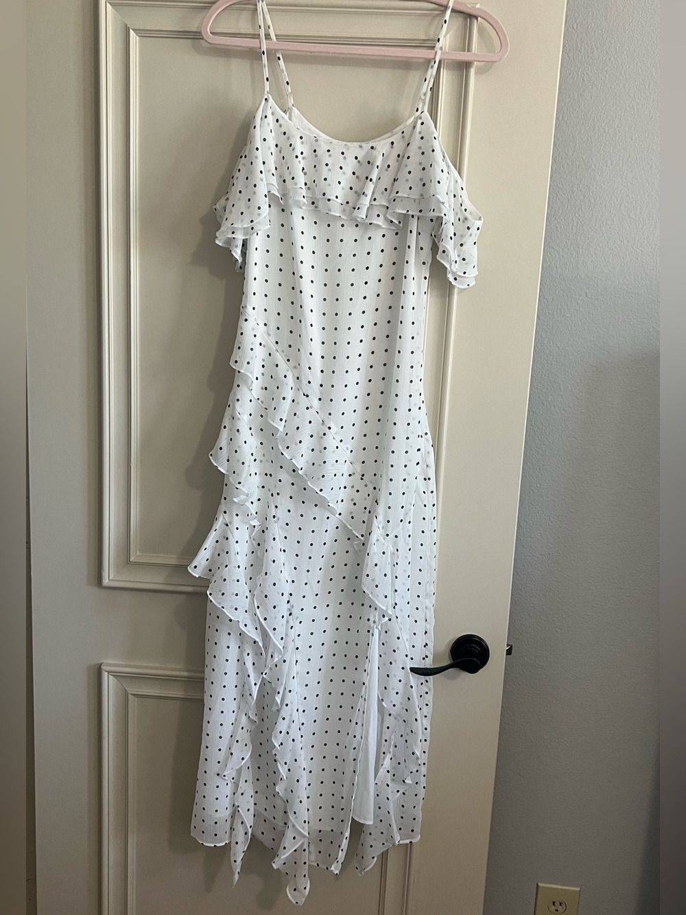 Wild Fable Ruffled and Romantic Maxi White Dress with Polka Dots